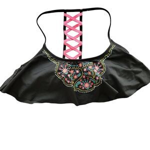 Joe Boxer Black Embroidered Floral Flowy Bikini Top